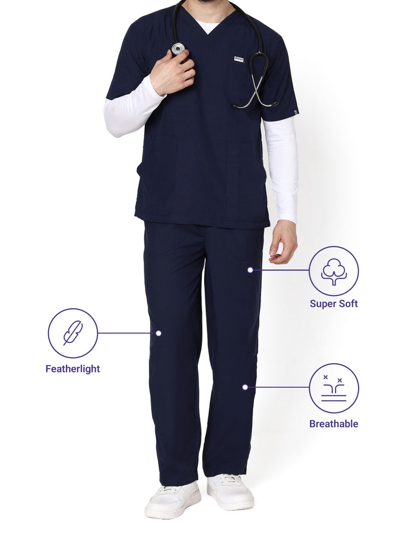 KNYA Active Men's 5-Pocket  Scrubsuit V Neck Flexibile & Comfortable Top & Bottom Easily Accessible Pockets Uniform for Doctors (Navy Blue) - Image 5