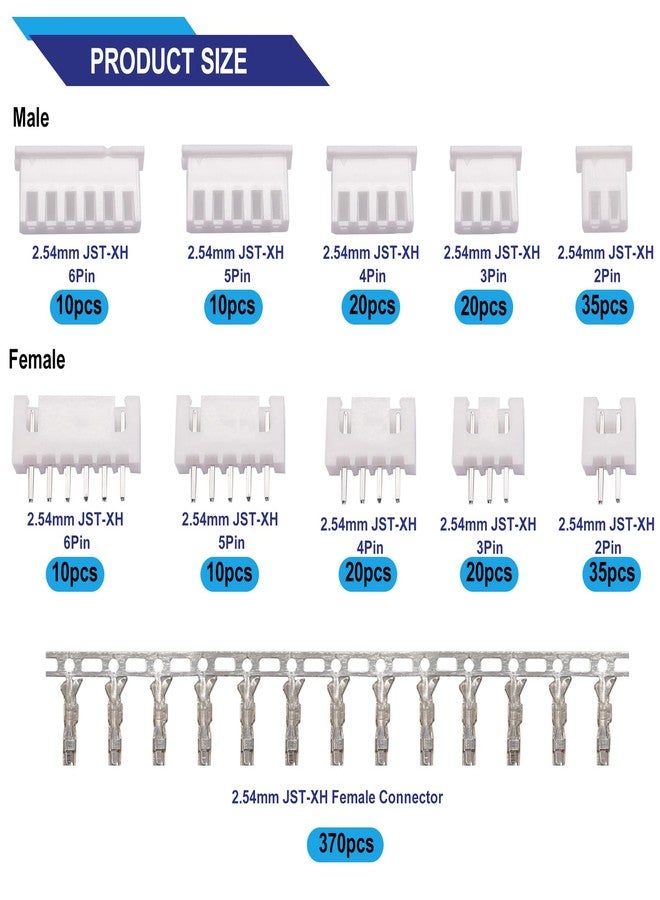 Taiss 560PCS 2.54mm JST-XH Connector Kit 2.54mm 2/3/4/5/6 Pin Housing Female and Male Adapter Cable Connectors Plug,JST Connectors Female Pin Head Connector Adapter Plug with Wire Crimper Plier - Image 2