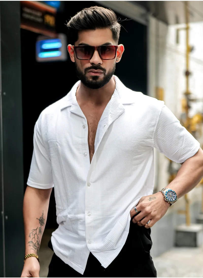 مانياك Maniac Mens Solid Polo Neck Half Sleeve White Oversized Cotton Shirt