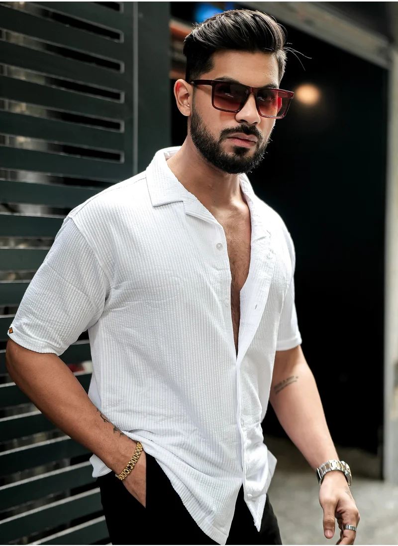 مانياك Maniac Mens Solid Polo Neck Half Sleeve White Oversized Cotton Shirt