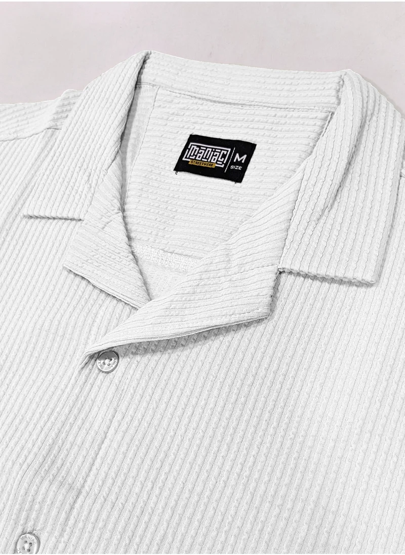 مانياك Maniac Mens Solid Polo Neck Half Sleeve White Oversized Cotton Shirt
