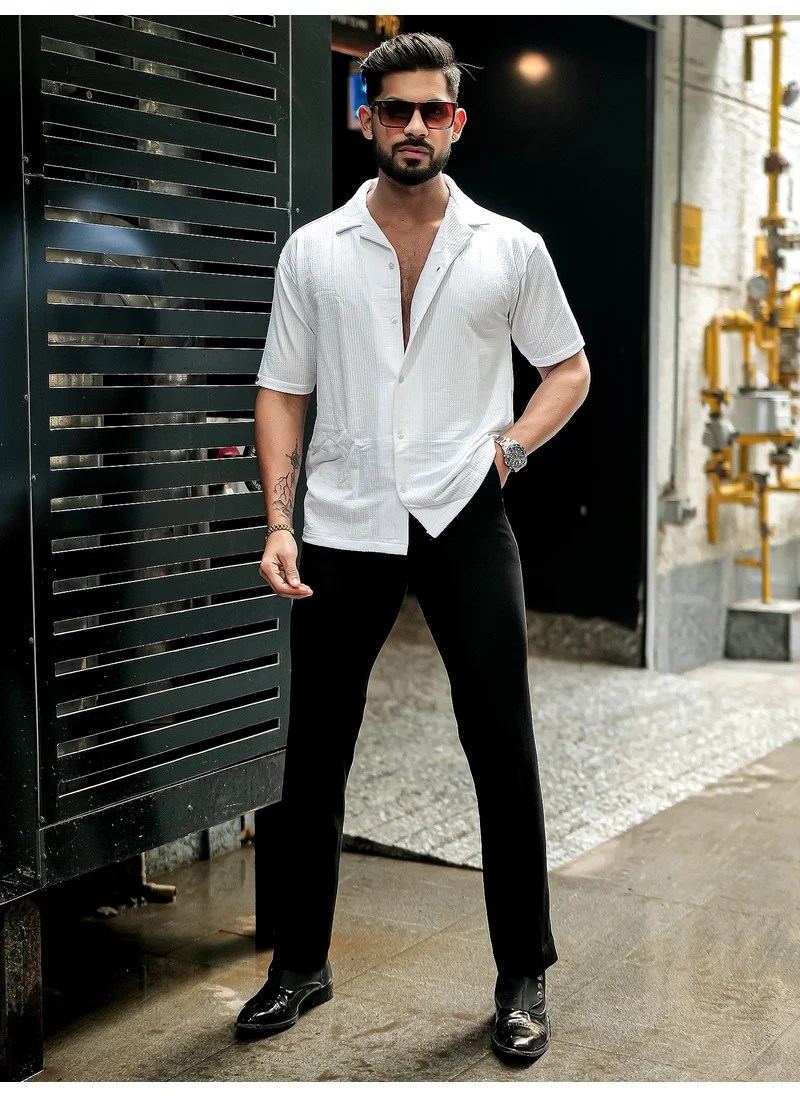مانياك Maniac Mens Solid Polo Neck Half Sleeve White Oversized Cotton Shirt