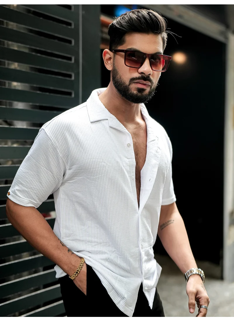 مانياك Maniac Mens Solid Polo Neck Half Sleeve White Oversized Cotton Shirt