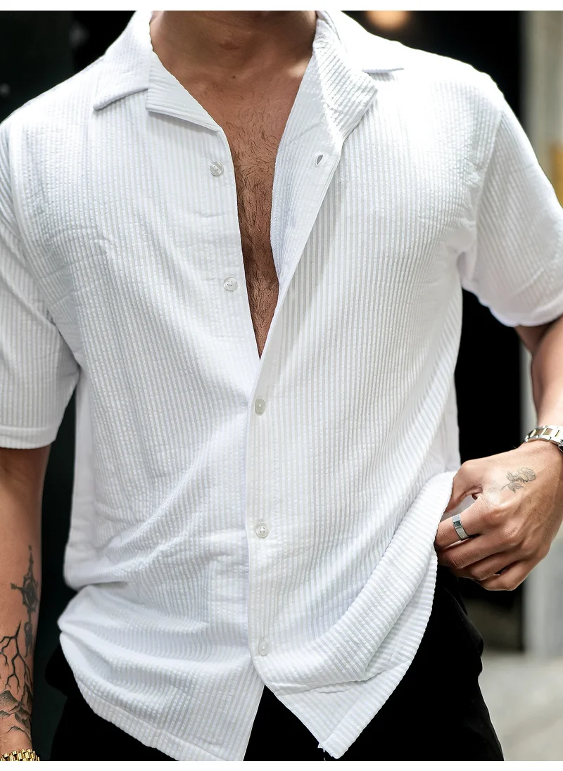 مانياك Maniac Mens Solid Polo Neck Half Sleeve White Oversized Cotton Shirt
