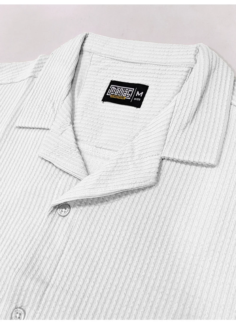 مانياك Maniac Mens Solid Polo Neck Half Sleeve White Oversized Cotton Shirt