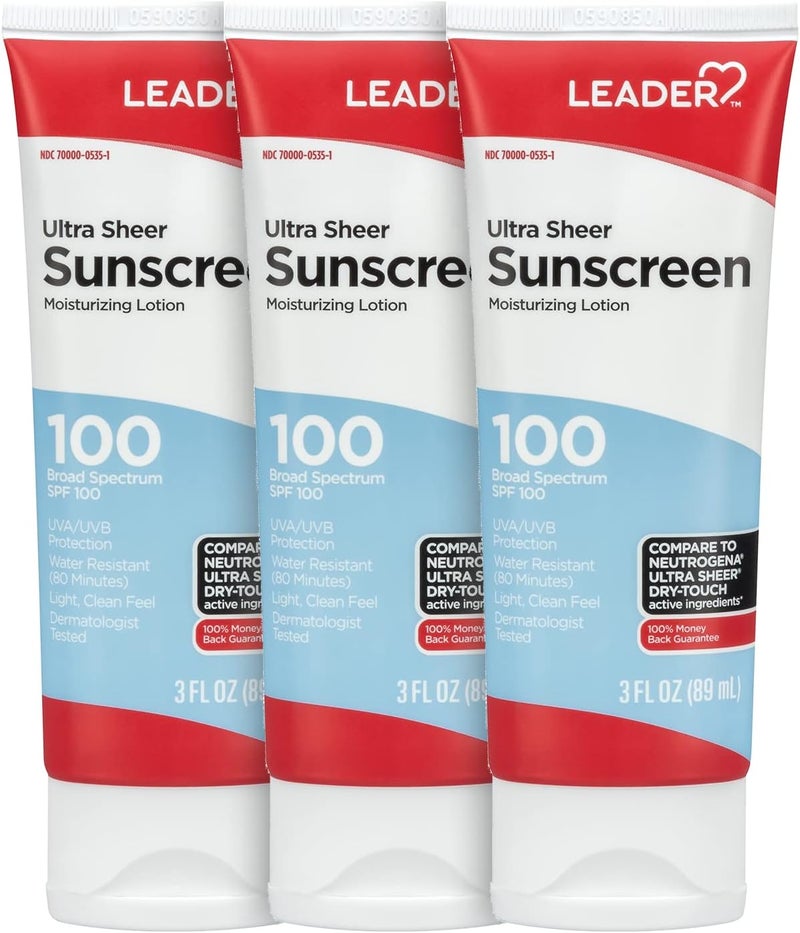LEADER Travel Sunscreen SPF 100 Ultra Sheer DryTouch Water Resistant and NonGreasy Lotion with Broad Spectrum SPF 100 3 Fl Oz 3 Pack