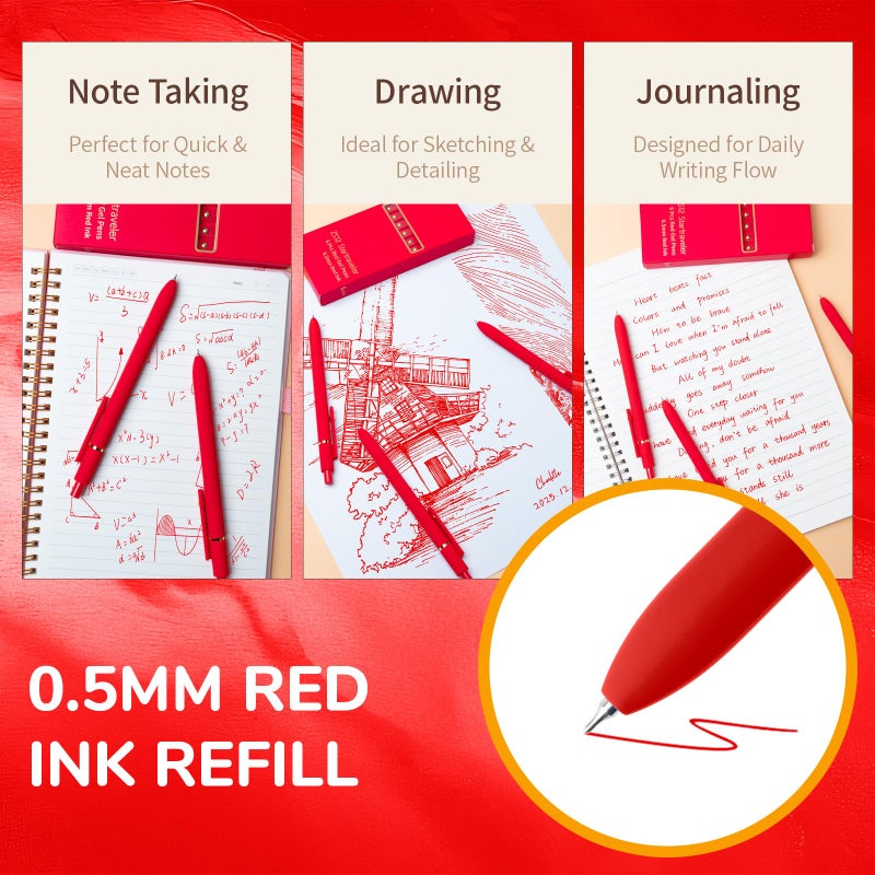 UIXJODO Red Pens, 6 Pcs Red Ink Pens Fine Point Smooth Writing Pens, 0.5mm Colored Ink Gel Pens for Journaling Note Taking, School Supplies Gifts for Women (6 Pcs Gold Red - Red Ink) - Image 4