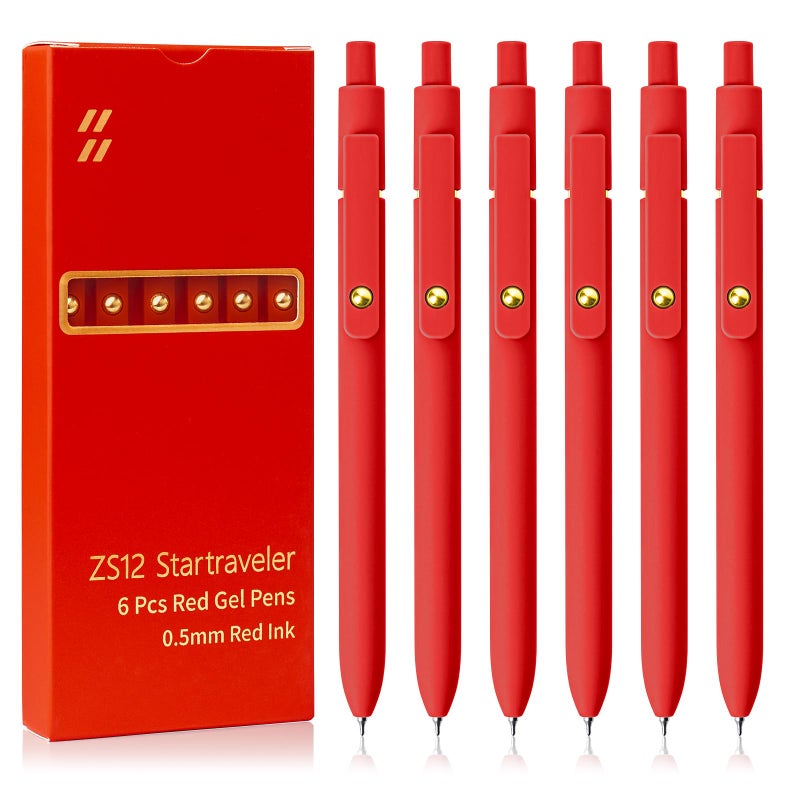 UIXJODO Red Pens, 6 Pcs Red Ink Pens Fine Point Smooth Writing Pens, 0.5mm Colored Ink Gel Pens for Journaling Note Taking, School Supplies Gifts for Women (6 Pcs Gold Red - Red Ink) - Image 1