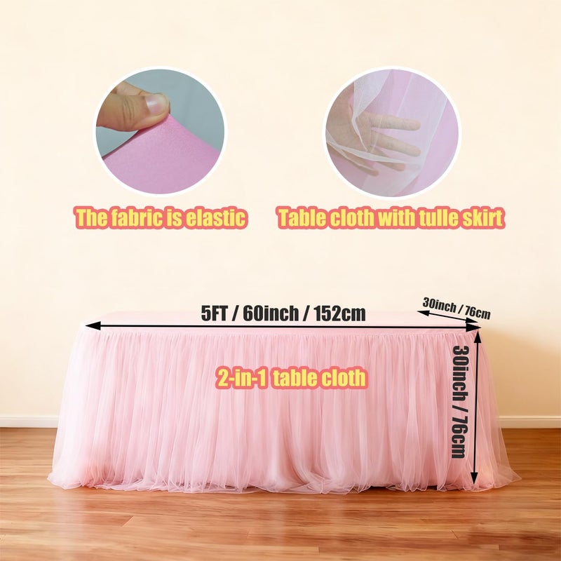 Yoquare 1-Pack Pink 2-in-1 Tulle Tablecloth for 5-Foot Rectangular Table â€“ Stretch Fitted Table Skirt & Cover for Baby Shower, Bridal, Birthday, Princess Party - Image 2