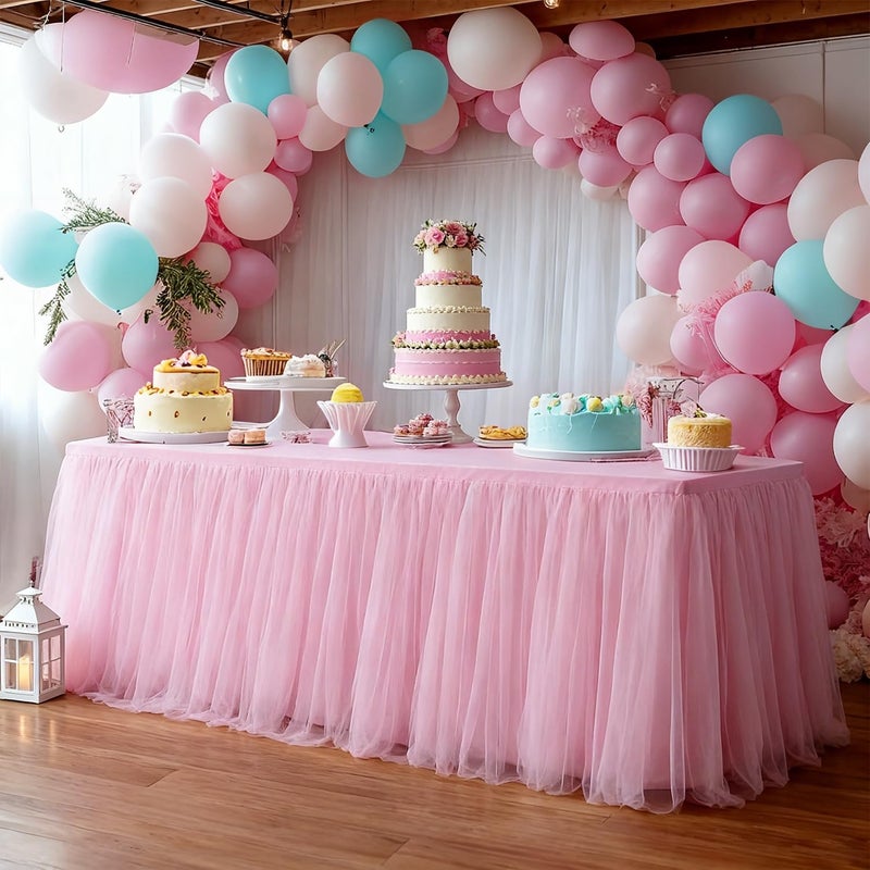 Yoquare 1-Pack Pink 2-in-1 Tulle Tablecloth for 5-Foot Rectangular Table â€“ Stretch Fitted Table Skirt & Cover for Baby Shower, Bridal, Birthday, Princess Party - Image 1