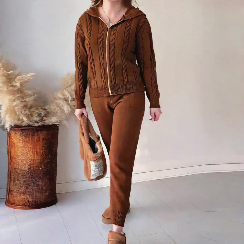 Fleece Hooded Zip-Up Top Casual Loungewear Set for Women - Image 2