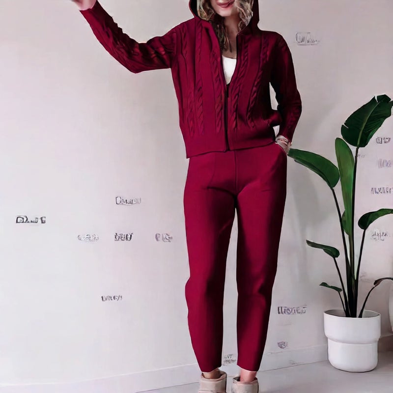 Fleece Hooded Zip-Up Top Casual Loungewear Set for Women - Image 3