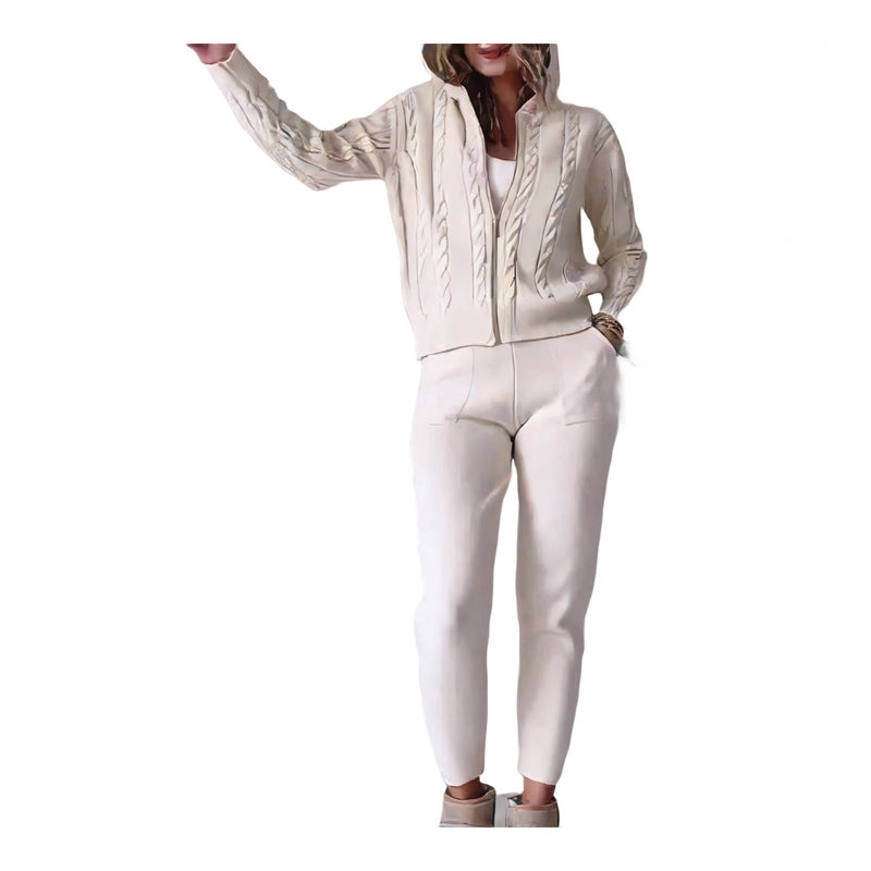 Fleece Hooded Zip-Up Top Casual Loungewear Set for Women - Image 1