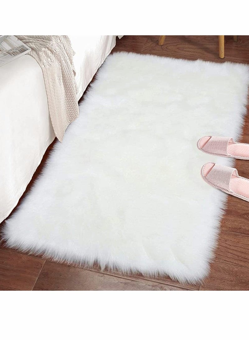 Excefore Stylish Ultra Soft Silky Fluffy Shag Faux Sheepskin Non-Skid Area Rug Bedside Rugs For Bedroom Living Room Carpet Nursery Floor Mats Kids Playroom Decor (White) - Image 1