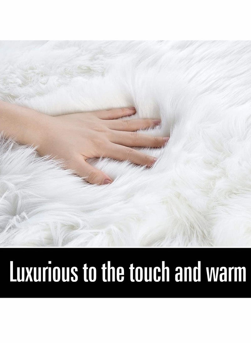Excefore Stylish Ultra Soft Silky Fluffy Shag Faux Sheepskin Non-Skid Area Rug Bedside Rugs For Bedroom Living Room Carpet Nursery Floor Mats Kids Playroom Decor (White) - Image 3