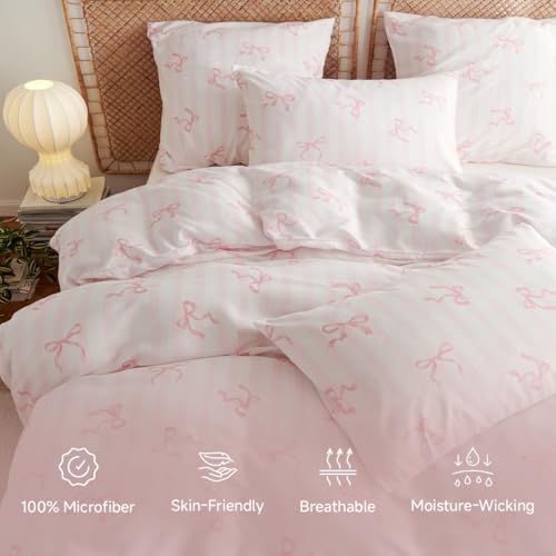 Erwinmu Pink Comforter Set Queen Size 3 Pieces,Pink Bows Striped Pattern Bedding Comforter Set Bed Set for Girls,Neutral Farmhouse Comforter Queen and 1 Pillowcase - Image 4