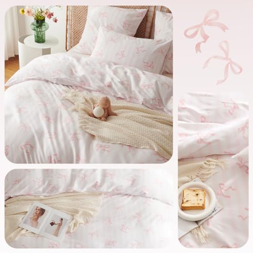 Erwinmu Pink Comforter Set Queen Size 3 Pieces,Pink Bows Striped Pattern Bedding Comforter Set Bed Set for Girls,Neutral Farmhouse Comforter Queen and 1 Pillowcase - Image 5