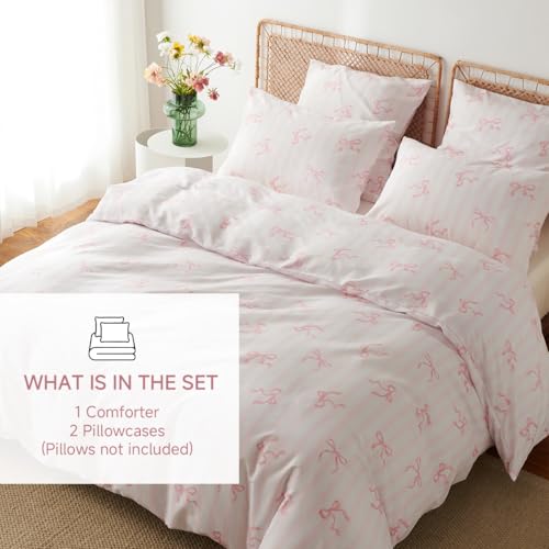 Erwinmu Pink Comforter Set Queen Size 3 Pieces,Pink Bows Striped Pattern Bedding Comforter Set Bed Set for Girls,Neutral Farmhouse Comforter Queen and 1 Pillowcase - Image 3