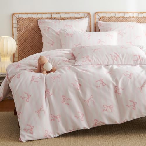 Erwinmu Pink Comforter Set Queen Size 3 Pieces,Pink Bows Striped Pattern Bedding Comforter Set Bed Set for Girls,Neutral Farmhouse Comforter Queen and 1 Pillowcase - Image 1