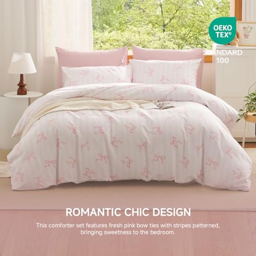 Erwinmu Pink Comforter Set Queen Size 3 Pieces,Pink Bows Striped Pattern Bedding Comforter Set Bed Set for Girls,Neutral Farmhouse Comforter Queen and 1 Pillowcase - Image 2