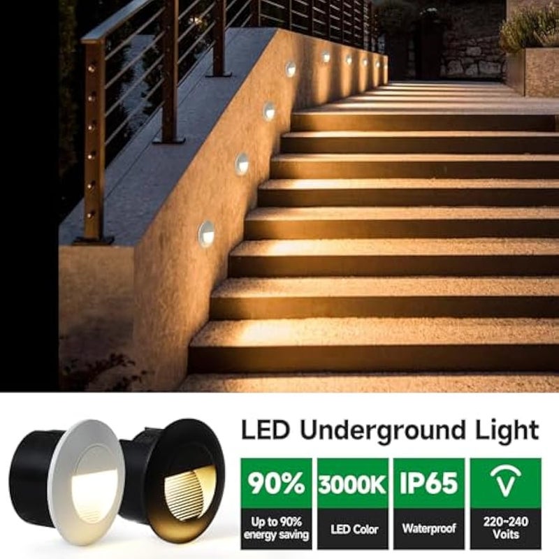 V.nice LED Step Light 3W Round IP65 Waterproof – Recessed Outdoor Stair Wall Light, Black/White Housing, 3000K Warm White, Aluminum+Glass, Energy Saving 220-240V - Image 4