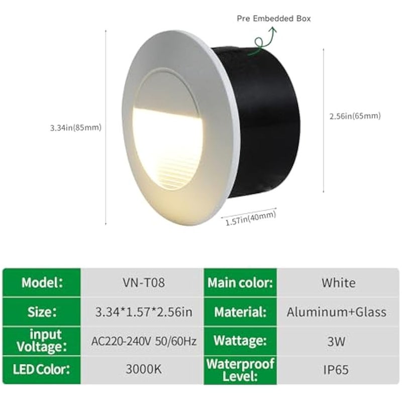 V.nice LED Step Light 3W Round IP65 Waterproof – Recessed Outdoor Stair Wall Light, Black/White Housing, 3000K Warm White, Aluminum+Glass, Energy Saving 220-240V - Image 2