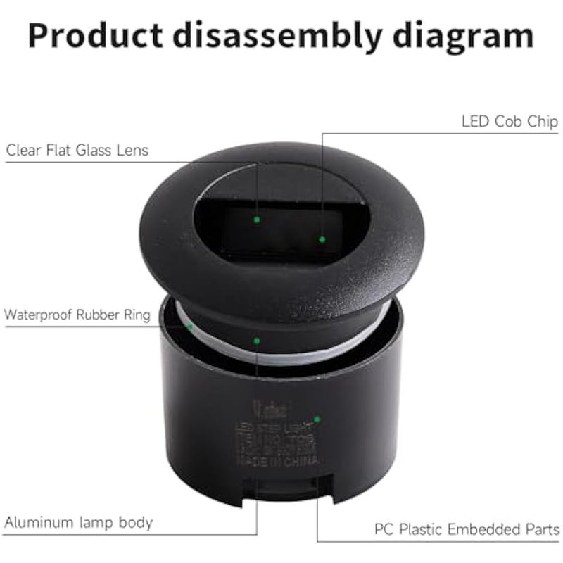 V.nice LED Step Light 3W Round IP65 Waterproof – Recessed Outdoor Stair Wall Light, Black/White Housing, 3000K Warm White, Aluminum+Glass, Energy Saving 220-240V - Image 3