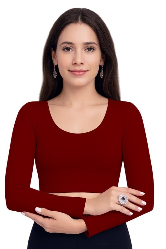 JOVO Readymade Cotton Fitted Saree Blouse for Women Full Sleeve Square Round U Neck Regular fit Stretchable Pullon Western Stylish Crop Top NJ17 1059 M MRN Wine - Image 4