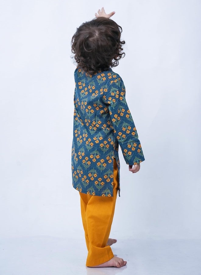 Campana Boys Mrinal Button Down Pure Cotton Kanthawork Printed Kurta Pyjama Set - Teal & Mustard, CK04013_6-12M - Image 5