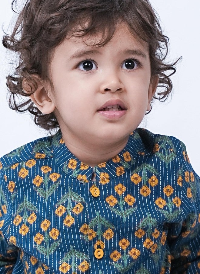 Campana Boys Mrinal Button Down Pure Cotton Kanthawork Printed Kurta Pyjama Set - Teal & Mustard, CK04013_6-12M - Image 3