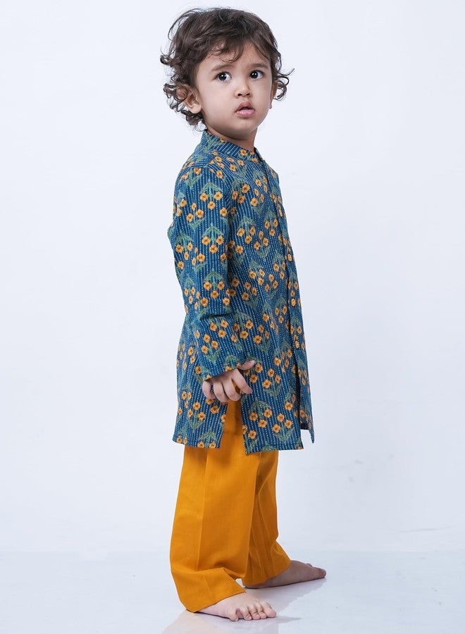 Campana Boys Mrinal Button Down Pure Cotton Kanthawork Printed Kurta Pyjama Set - Teal & Mustard, CK04013_6-12M - Image 4