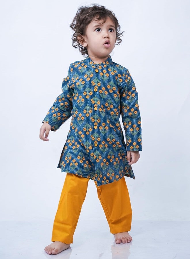 Campana Boys Mrinal Button Down Pure Cotton Kanthawork Printed Kurta Pyjama Set - Teal & Mustard, CK04013_6-12M - Image 2