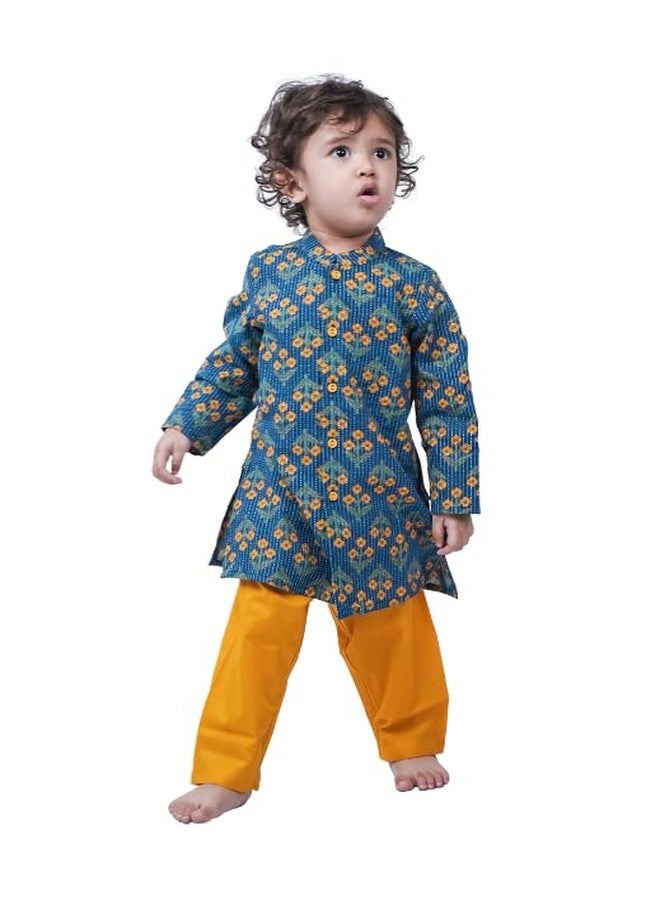 Campana Boys Mrinal Button Down Pure Cotton Kanthawork Printed Kurta Pyjama Set - Teal & Mustard, CK04013_6-12M - Image 1