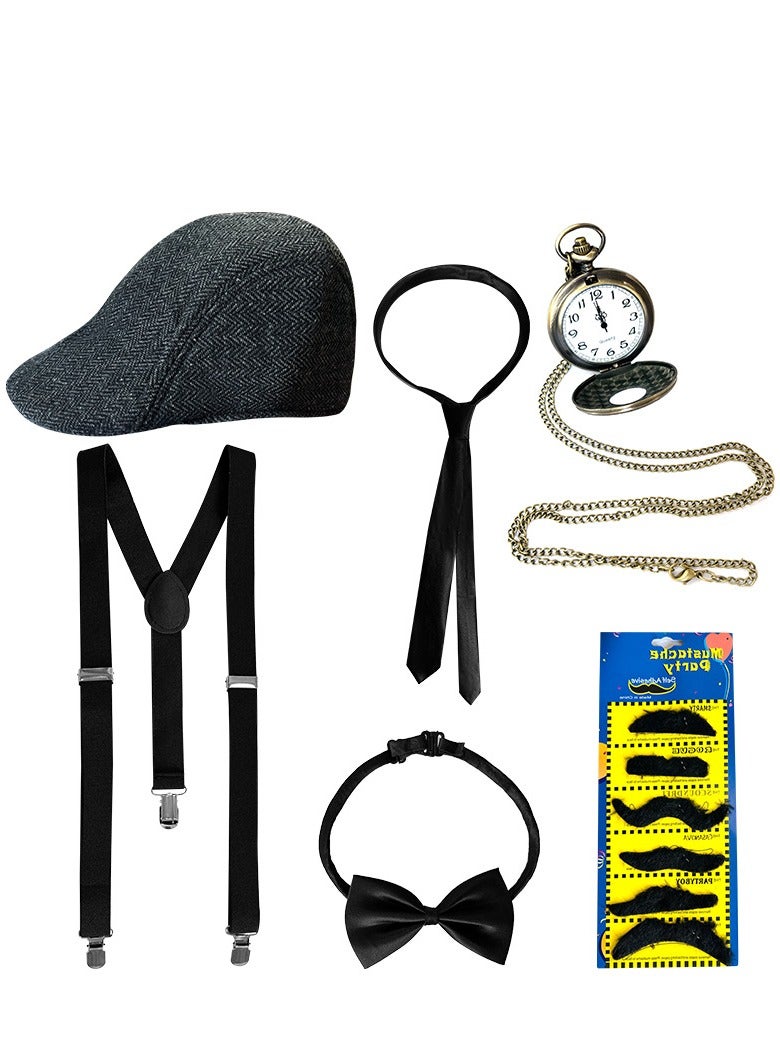 1920s Gatsby Costume for Men Fancy Dress Accessories Set 5 Pieces 1920s Men Accessories Set Includings Beret Hat Adjustable Elastic Suspenders Bow Tie Vintage Pocket Watch and Toy Handle - Image 1