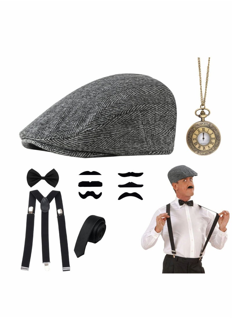 Generic - 1920s Gatsby Costume for Men Fancy Dress Accessories Set 5 Pieces 1920s Men Accessories Set Includings Beret Hat Adjustable Elastic Suspenders Bow Tie Vintage Pocket Watch and Toy Handle - Image 1