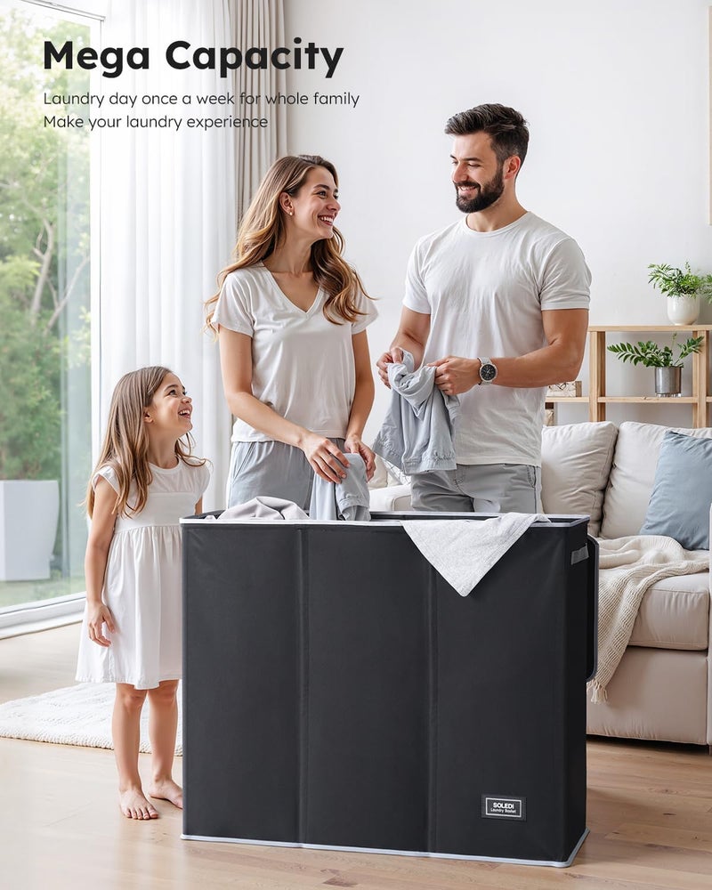 SOLEDI 180L 3 Section Extra Large Laundry Basket with Lid, Dirty Clothes Basket with Sturdy Handle, Large Organizer Laundry Hamper for Laundry Room Bedroom - Image 2