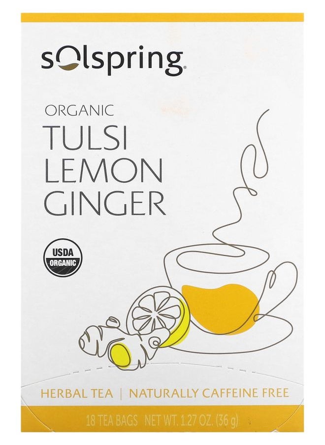 Dr. Mercola Solspring Organic Herbal Tea Tulsi Lemon Ginger Caffeine Free 18 Tea Bags 1.27 oz (36 g) 