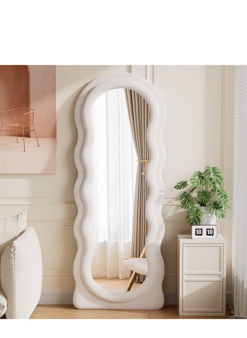 Vphom Full-Length Floor Mirror with Stand, 160x60 cm Irregular Wavy Mirror, Flannel-Wrapped Wooden Frame, Wall-Mounted Standing Full-Body Mirror for Bedroom, Living Room, Dressing Room - Image 3