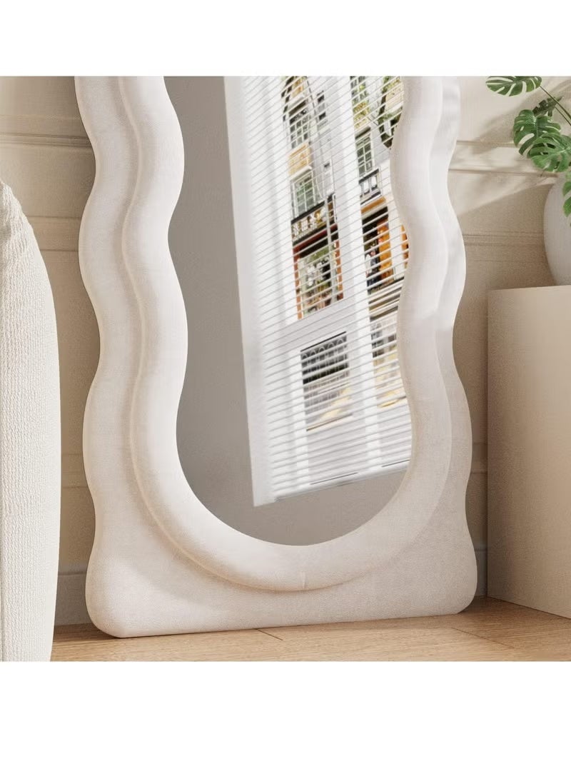Vphom Full-Length Floor Mirror with Stand, 160x60 cm Irregular Wavy Mirror, Flannel-Wrapped Wooden Frame, Wall-Mounted Standing Full-Body Mirror for Bedroom, Living Room, Dressing Room - Image 4