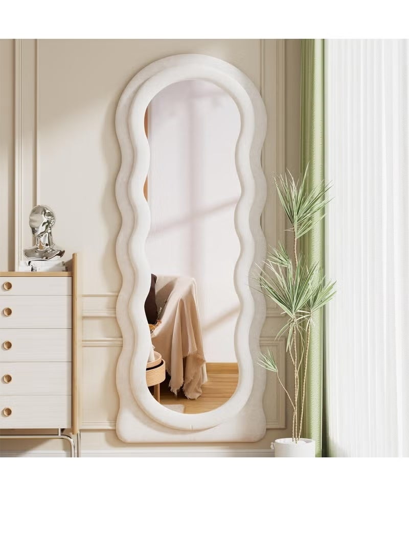 Vphom Full-Length Floor Mirror with Stand, 160x60 cm Irregular Wavy Mirror, Flannel-Wrapped Wooden Frame, Wall-Mounted Standing Full-Body Mirror for Bedroom, Living Room, Dressing Room - Image 2