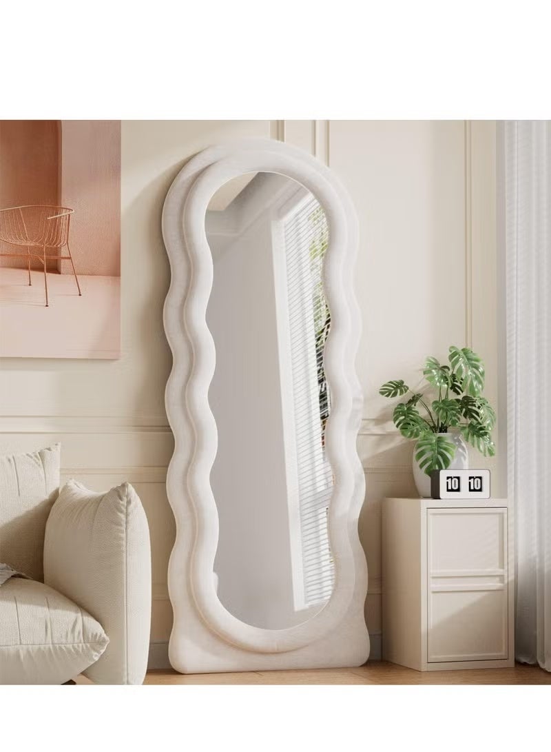 Vphom Full-Length Floor Mirror with Stand, 160x60 cm Irregular Wavy Mirror, Flannel-Wrapped Wooden Frame, Wall-Mounted Standing Full-Body Mirror for Bedroom, Living Room, Dressing Room - Image 1