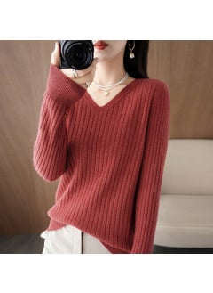 Spring 2025 Womens Wool-Blend Sweater V-Neck Solid Color Ribbed Pullover Base Knitted Top Smooths Your Silhouette Cherries Red