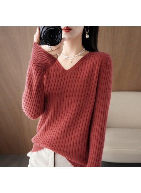 Spring 2025 Womens Wool-Blend Sweater V-Neck Solid Color Ribbed Pullover Base Knitted Top Smooths Your Silhouette Cherries Red
