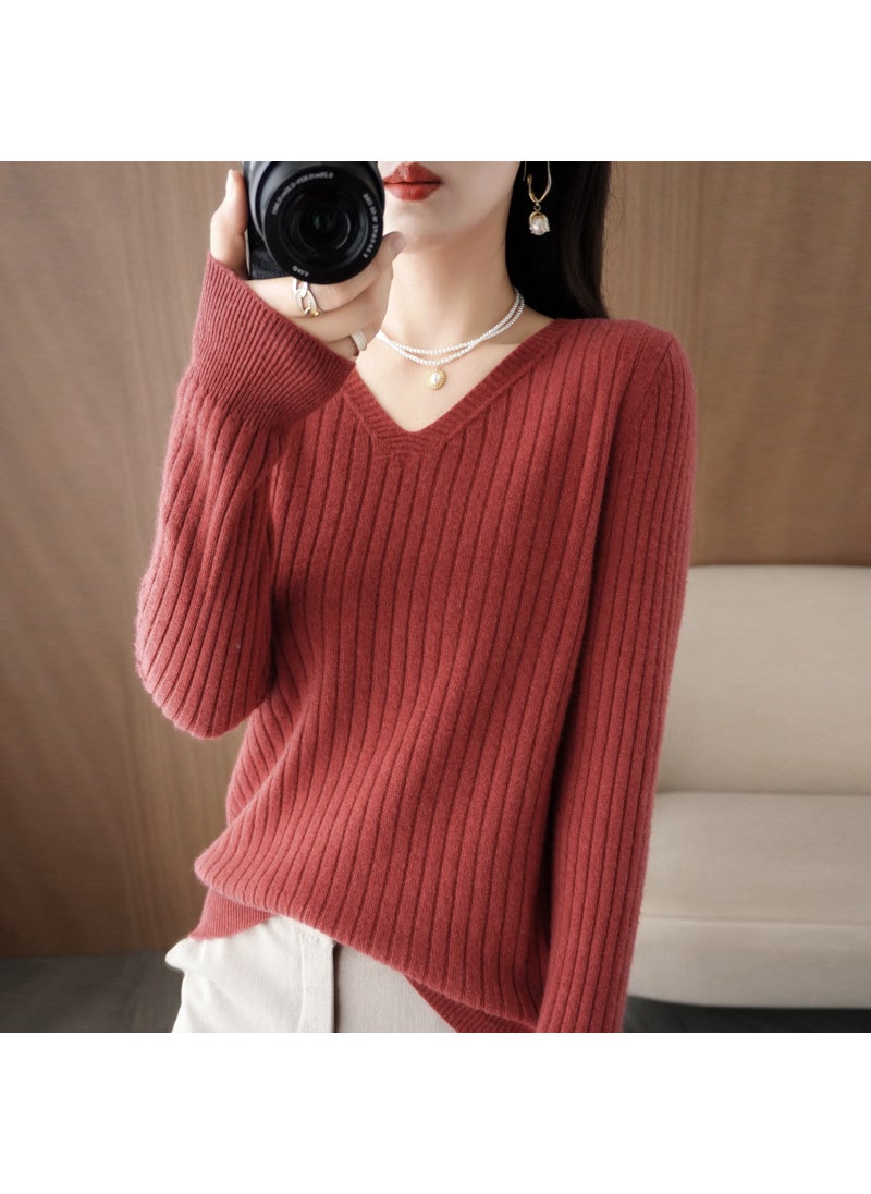 Generic - Spring 2025 Womens Wool-Blend Sweater V-Neck Solid Color Ribbed Pullover Base Knitted Top Smooths Your Silhouette Cherries Red - Image 1