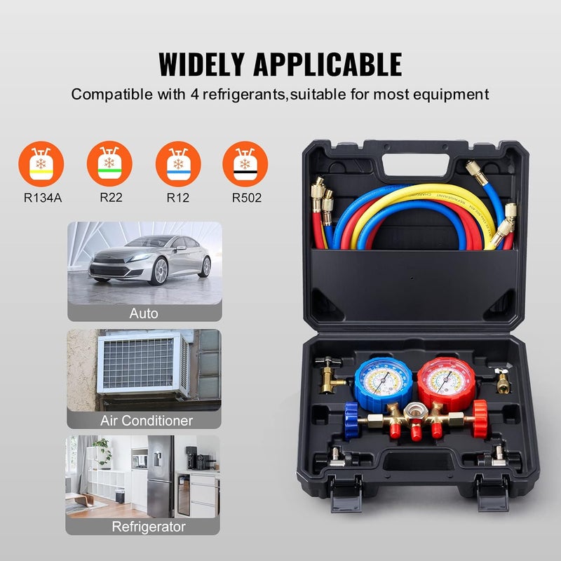 VEVOR 3-Way AC Diagnostic Manifold Gauge Set Fits for R134A, R22, R12, R410A Refrigerant, AC Gauge Set with 5 ft Hoses, Couplers, Can Tap for Car A/C System Automotive Air Conditioning Maintenance - Image 3
