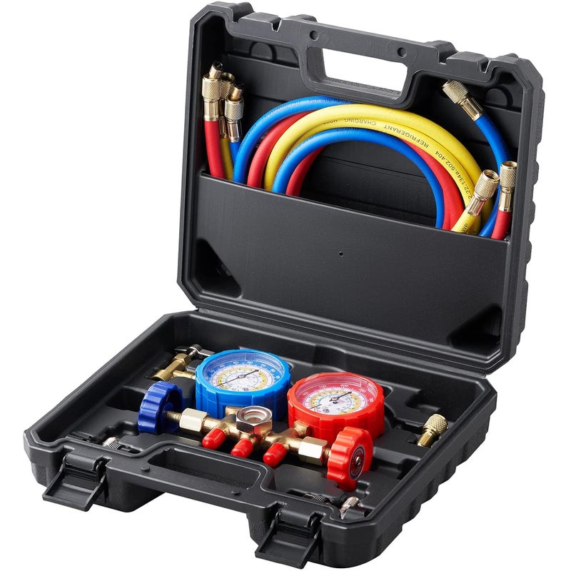 VEVOR 3-Way AC Diagnostic Manifold Gauge Set Fits for R134A, R22, R12, R410A Refrigerant, AC Gauge Set with 5 ft Hoses, Couplers, Can Tap for Car A/C System Automotive Air Conditioning Maintenance - Image 1