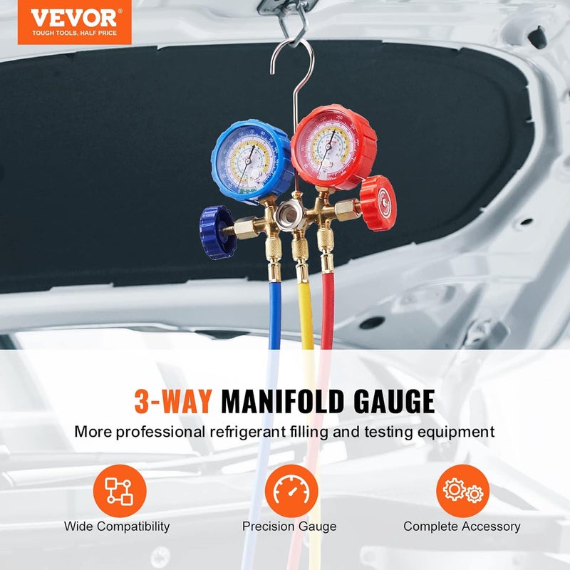 VEVOR 3-Way AC Diagnostic Manifold Gauge Set Fits for R134A, R22, R12, R410A Refrigerant, AC Gauge Set with 5 ft Hoses, Couplers, Can Tap for Car A/C System Automotive Air Conditioning Maintenance - Image 2