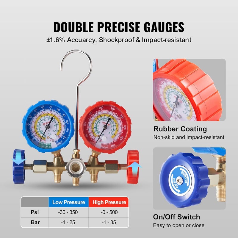 VEVOR 3-Way AC Diagnostic Manifold Gauge Set Fits for R134A, R22, R12, R410A Refrigerant, AC Gauge Set with 5 ft Hoses, Couplers, Can Tap for Car A/C System Automotive Air Conditioning Maintenance - Image 5