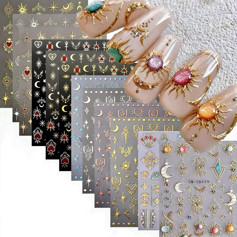 SPLOCUDU 12 Sheets Bohemian Style Nail Stickers for Nail Art Sun Star Moon 3D Self-Adhesive Gold Nails Decals Supplies for Women DIY Manicure - Image 1