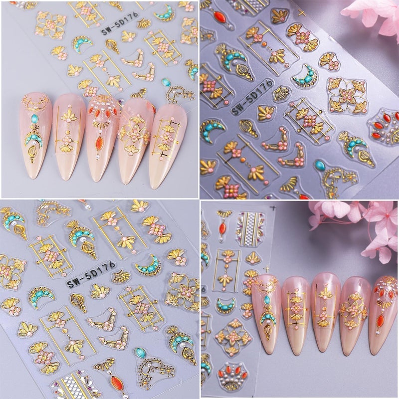 SPLOCUDU 12 Sheets Bohemian Style Nail Stickers for Nail Art Sun Star Moon 3D Self-Adhesive Gold Nails Decals Supplies for Women DIY Manicure - Image 5